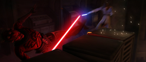 Maul kicks Obi-Wan away after causing him to use aggressive forms of lightsaber combat.