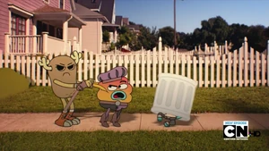 But then Penny tries to stop Tobias from hitting Gumball by holding back his arms.