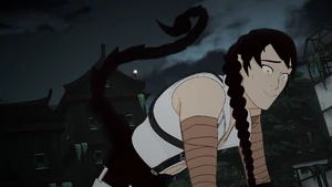 Tyrian amusedly blocking Ruby's shots with his tail.