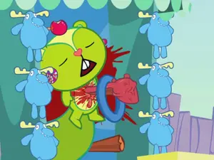 Nutty get impaled on a ring toss pole after get hurted by a wagon.