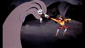 Baigujing battling Sun Wukong.