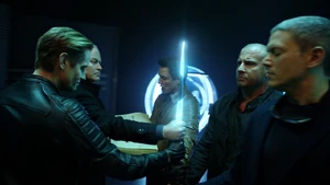 Eobard and the Legion of Doom using the Spear of Destiny.