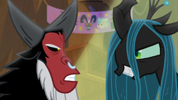 Lord Tirek glaring; Chrysalis grinning S9E8