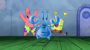 Mr. Krabs along with SpongeBob and Patrick cheering in victory when they brought Neptune’s crown back.