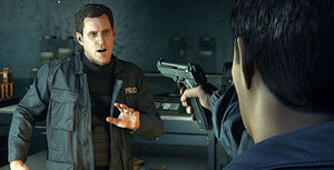 Stoddard being held at gunpoint by Mendoza.