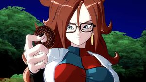 Android 21 turns a clone into a donut and is about to eat it.
