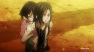 A young Shin carrying a young Akito on his back