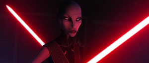 Ventress raises her defenses in the darkened corridor of the tram.