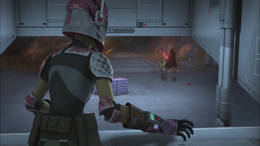 Hoping to prevent Vader from pursuing them, Sabine Wren fired a number of blaster bolts at Vader.