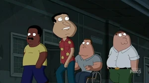 Peter, Glenn Quagmire, Joe Swanson and Cleveland Brown in an abandoned healthcare facility.