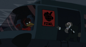 Bradford facepalming at Heron putting a FOWL logo on her helicopter.