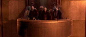 Palpatine with Senators watch the Clone Army assemble.