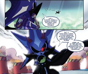 Metal Sonic gloating as Sonic escapes.