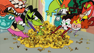 Sedusa and the other villains dogpile on the pile of keys.