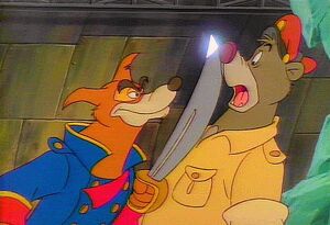 Don Karnage holding Baloo at swordpoint.