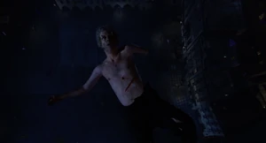 Mr. Hyde turning back into Dr. Jekyll, a meek old man.