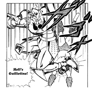 Akuma Shogun using his Hell's Guillotine to attack Geronimo.