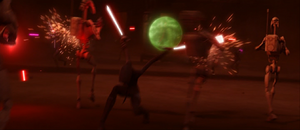 Ventress spearheaded an offensive to drive back the droids.