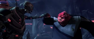 Drednok blocks Rok's fist.