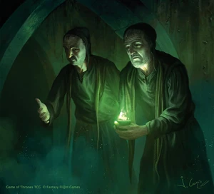 Two members of the Alchemists' Guild with wildfire, the substance.