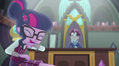 Principal Chich laughing with Sci-Twi in Equestria Girls: Friendship Games Deleted scenes.