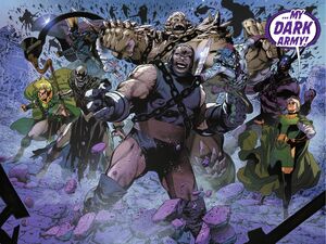 Darkseid, alongside Ares, Neron, Nekron, Upside Down Man, Doomsday, Eclipso and Empty Hand in Great Darkness and Pariah's Dark Army.