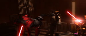 Maul and Opress pitted their combined strength against Ventress and Kenobi.