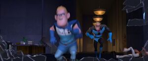 Mr. Incredible: "NO! STOP! There's a bomb!" Mr. Incredible running to save Buddy.
