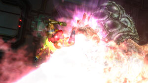 The Queen Metroid spewing purple fire from her mouth at Samus.