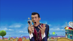 Robbie Rotten having Pixel's controller in his hands.