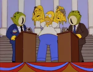 Kand and Kodos exposed to their outbursts of Bill Clinton and Bob Dole thanks to Homer.