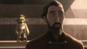 Master Yaddle finds Count Dooku in front of the Great Tree.
