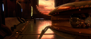 Having fled the battle, Dooku set his course for Coruscant, landing undetected on the Republic capital with his solar sailor in the Works in a deserted building.