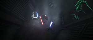 The Jedi light their blades and engage Dooku in a duel.