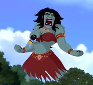 Putna screaming as Krishna overpowers her.