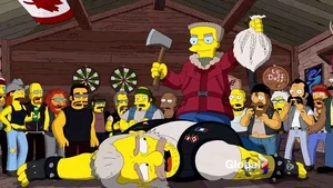Waylon Smithers beating a biker in a bar, pulling his hair with an ax.