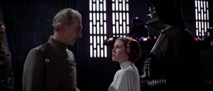 Tarkin threatening to destroy Leia Organa's homeworld of Alderaan if she doesn't reveal the rebel base's location.