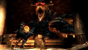 The Dragon God battling the player.