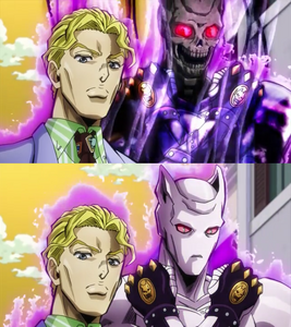 Yoshikage Kira with a skeletal Killer Queen.