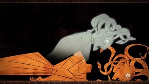 The spirit of Medusa leaving her beheaded body by Perseus.