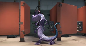 Randall banging the stall doors to look for any eavesdroppers.