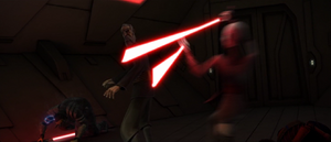 As he continued to electrocute the Zabrak, Ventress swung her blades at Dooku, who ducked away.