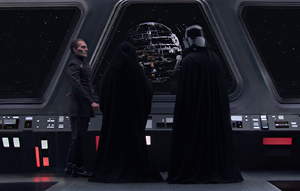 Vader, Sidious, and Tarkin oversee the Death Star's construction.