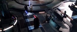 Not long after they arrived at the top of the spire, the Sith Lord appeared before them and the two Jedi engaged him in a duel.