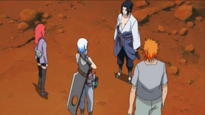 Sasuke forming a team with Karin, Suigetsu Hōzuki and Jūgo to locate Itachi.