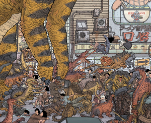 The Monster and its victims, transformed into servant dinosaurs.