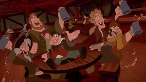 LeFou cheering up Gaston (with the help from their buddies).