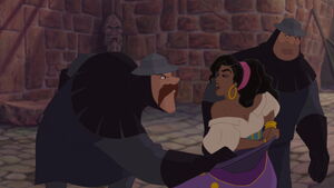 Brutish Captain: All right, gypsy. Where did you get the money? (Esmeralda: For your information, I earned it.)