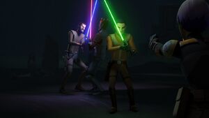 The Nightsister spirits possessing Kanan and Sabine attack Maul and Ezra with a lightsaber and blaster respectively.