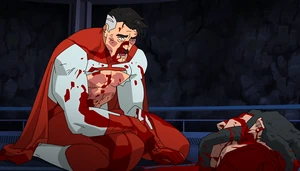 An exhausted and wounded Omni-Man after killing the Guardians.